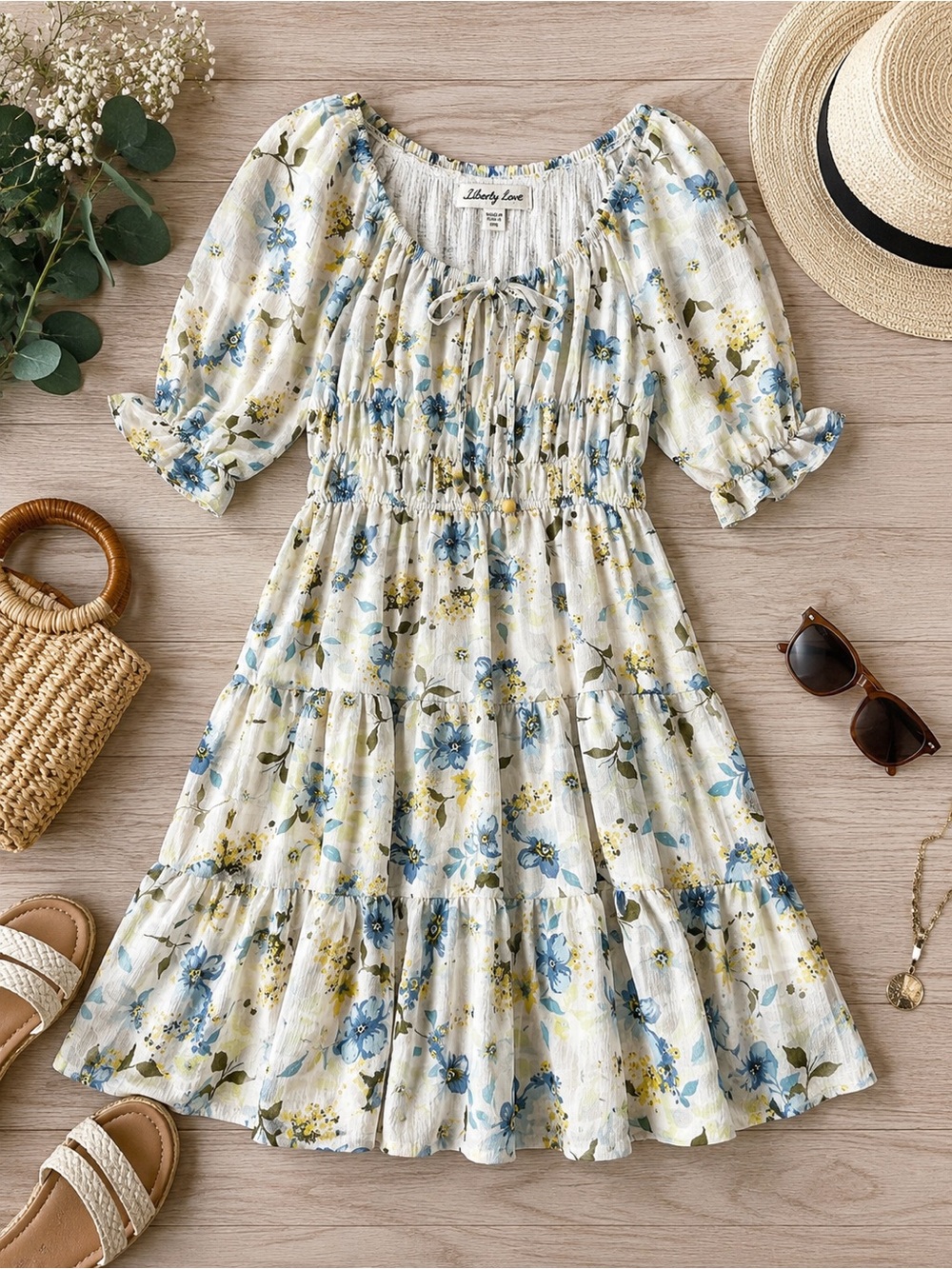 liberty Blue and Cream Floral Tiered Midi Dress